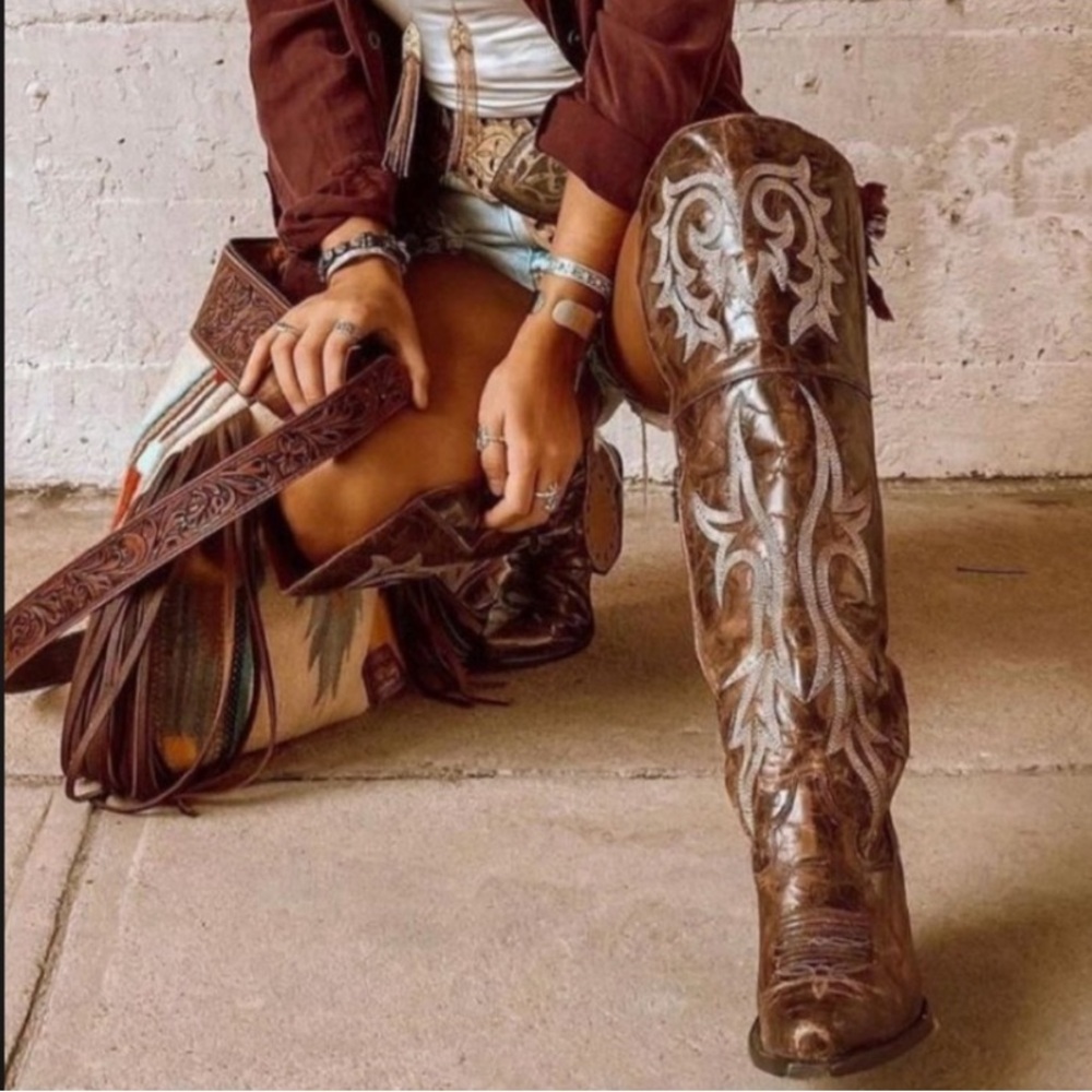 Elegant Embroidered Brown Over the Knee Boots